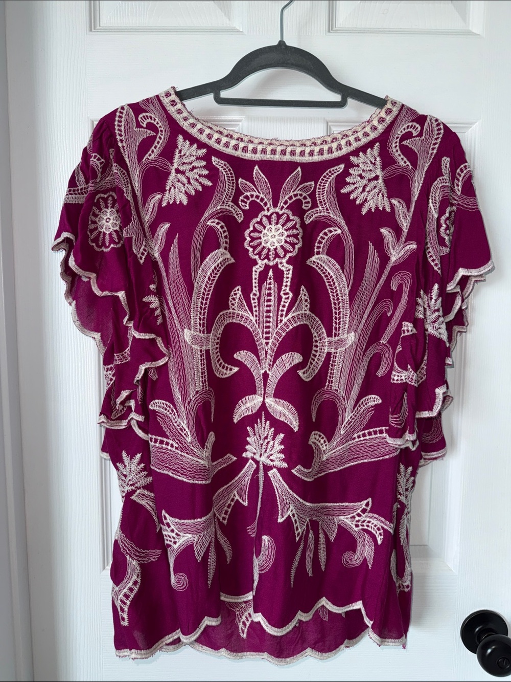 Embroidered Flutter-Sleeve Top - Magenta